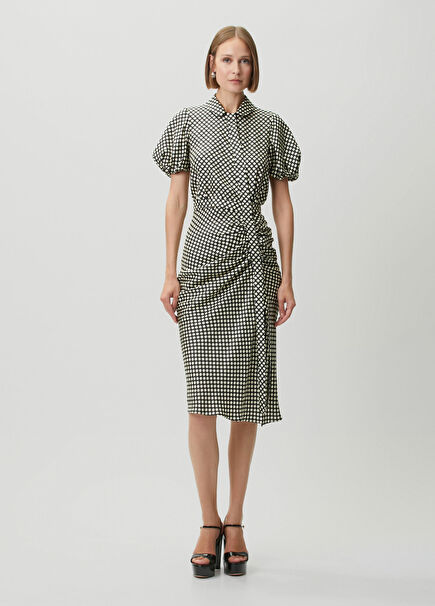 Black And White Draped Midi Silk Dress
