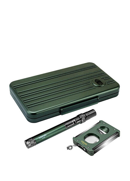 Special Edt. Aluminum Green Slim Cigar Carrying Case Lighter+V-Cut Cutter Piercing Set