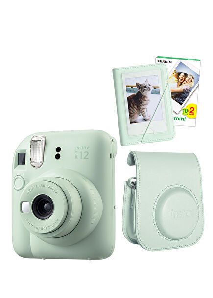 Instax Mini 12 Green Photo Camera with 20-Pack Film, Mini Album and Leather Case Set