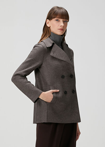 Brown Grey Double-Breasted Wool Coat