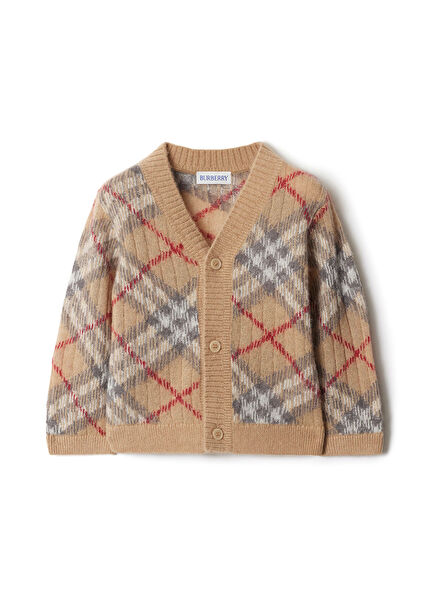 Check Bej Unisex Çocuk Triko Hırka