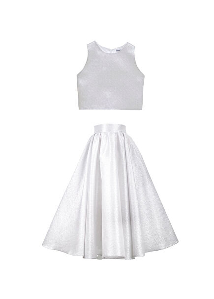 Mary Gümüş Simli Jakarlı Kolsuz Bluz ve Etek Kız Çocuk 2'li Set