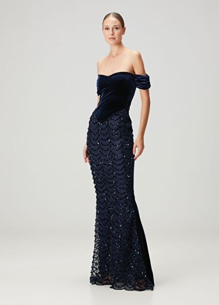 Dynasty Waltz Lacivert Maksi Kadife Abiye Elbise