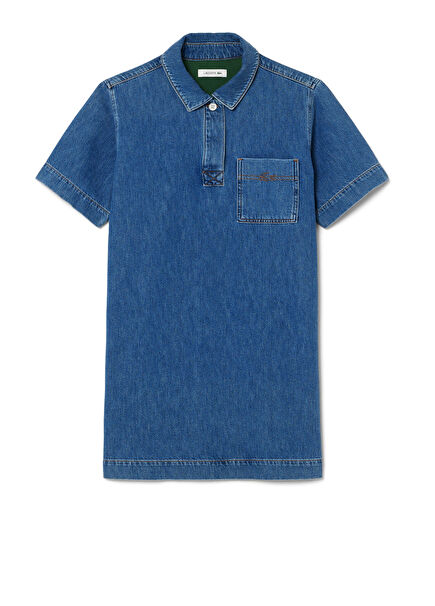 Mavi Denim Polo Yaka Oversize Fit Kısa Kollu Kadın Mini Elbise