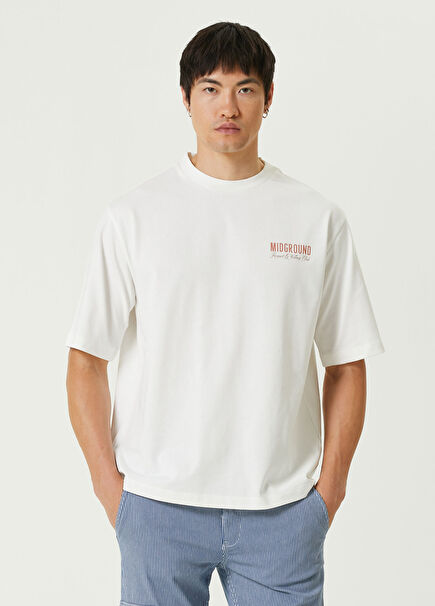 Racquet Club Baskılı Kırık Beyaz Oversize Kısa Kollu Erkek T-Shirt