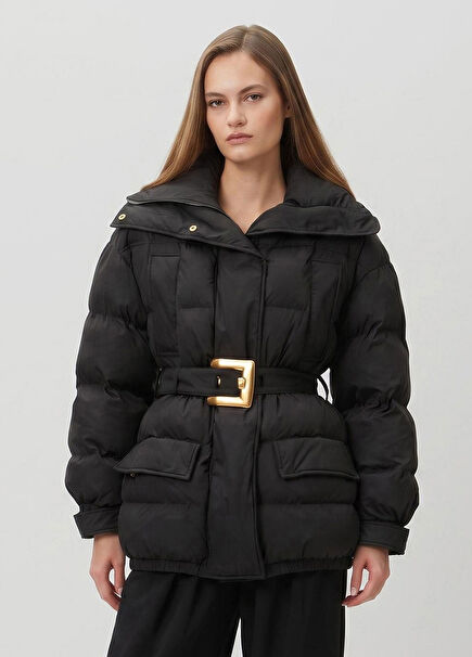 Siyah Kemerli Puffer Mont