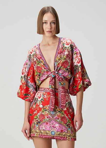 Kırmızı Çiçekli İpek Bluz