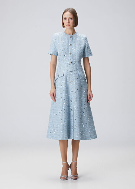 Mavi Payetli Midi Tweed Elbise