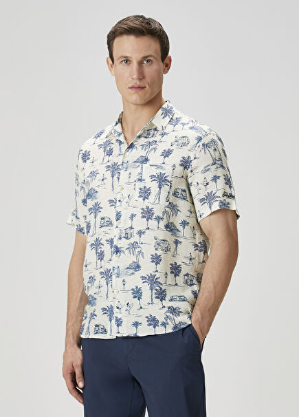 Sifnos Palmiye Desenli Kısa Kollu Keten Gömlek