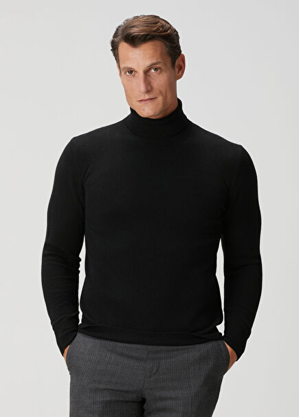 Siyah Balıkçı Yaka Kaşmir Kazak