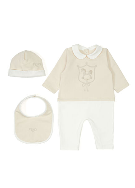 Beige White Baby 3-Piece Romper Set