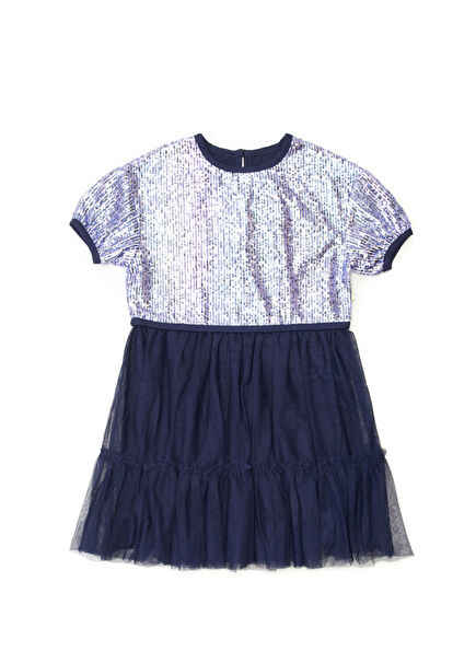 Lacivert Gri Payetli Kız Çocuk Elbise