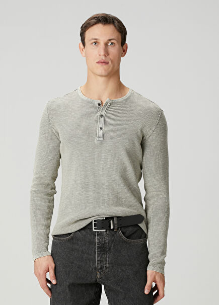 Memphis Gri Yakası Düğmeli Uzun Kollu T-shirt