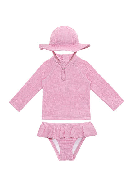 Pink Frosting UV Protection Long Sleeve Textured Hat Baby Girl Swimsuit Set