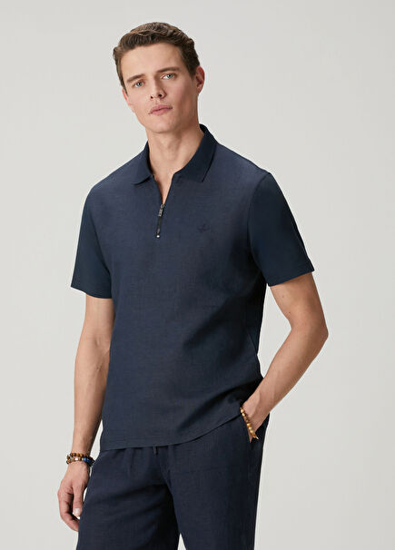 Navy Blue Comfort Fit Linen Insert Polo T-Shirt