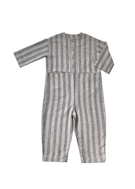 Gri Çizgili Düğmeli Uzun Kollu Erkek Çocuk Tulum