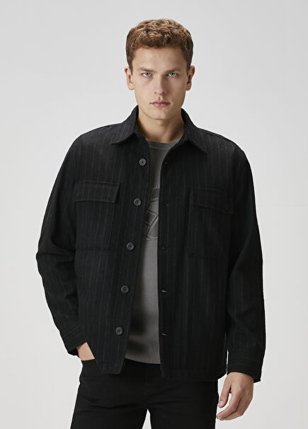 Siyah Çizgi Desenli Yün Dış Gömlek