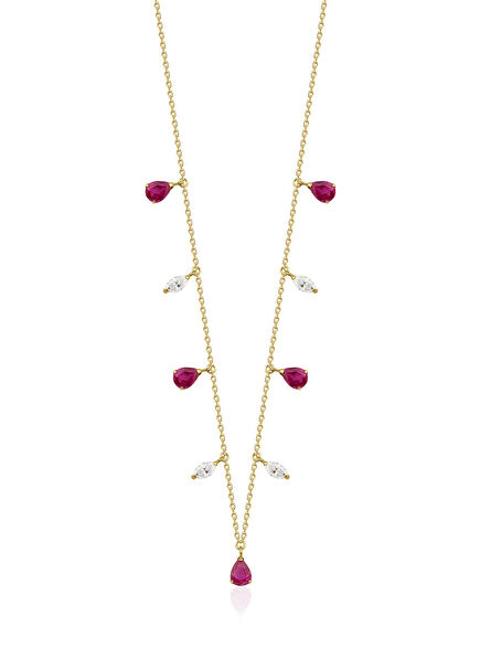 18K Gold Women's Necklace with Drop Ruby and Diamond Stones