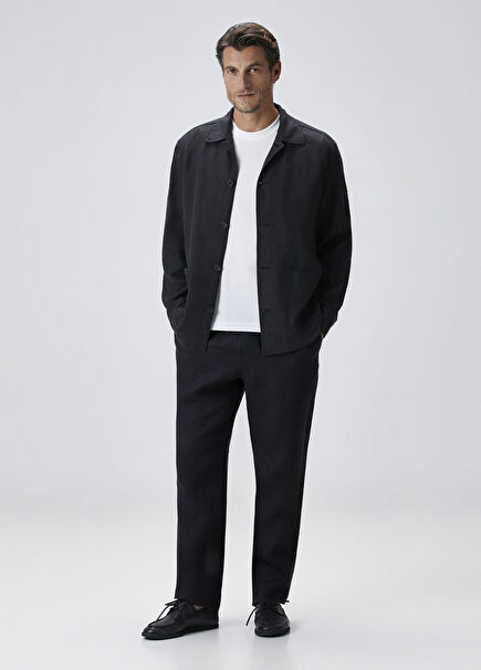 Black Gathered Waist Linen Sports Pants