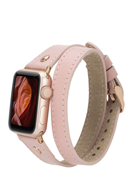 BloomBand Gold Buckle Double Tour Pink Leather Apple Watch 44/45/46/49mm Smart Watch Band