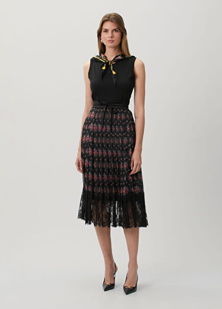 Black Floral Midi Chiffon Skirt