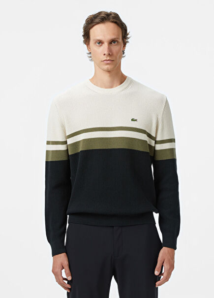 Renk Bloklu Siyah Yuvarlak Yaka Classic Fit Erkek Kazak