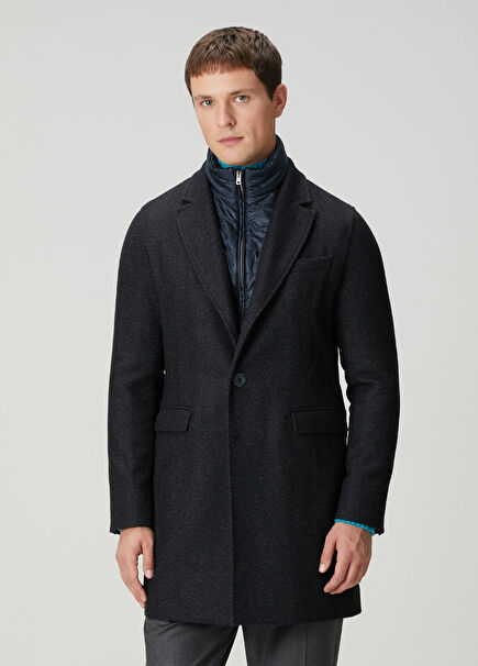 Lacivert İç Yaka Detaylı Yün Palto