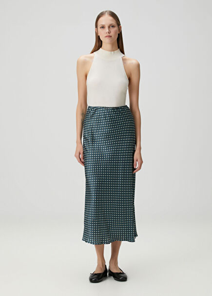 Rhona Mavi Çiçekli Midi İpek Etek