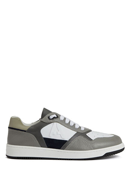 Gri Beyaz Logolu Kadın Deri Sneaker