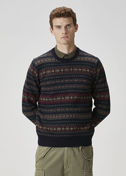 Navy Blue Patterned Wool Sweater