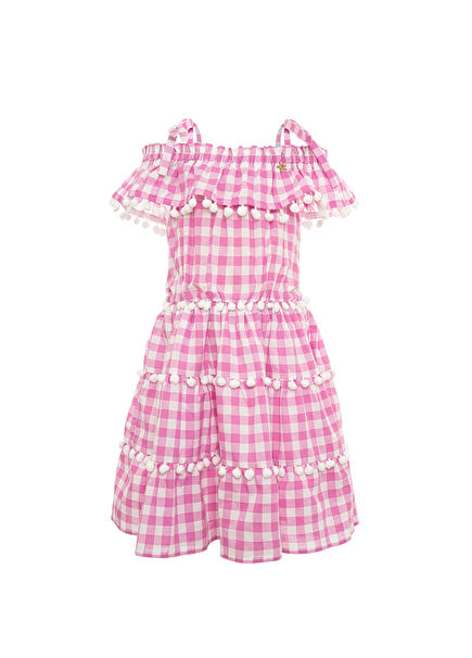 Pembe Kareli Kız Çocuk Elbise