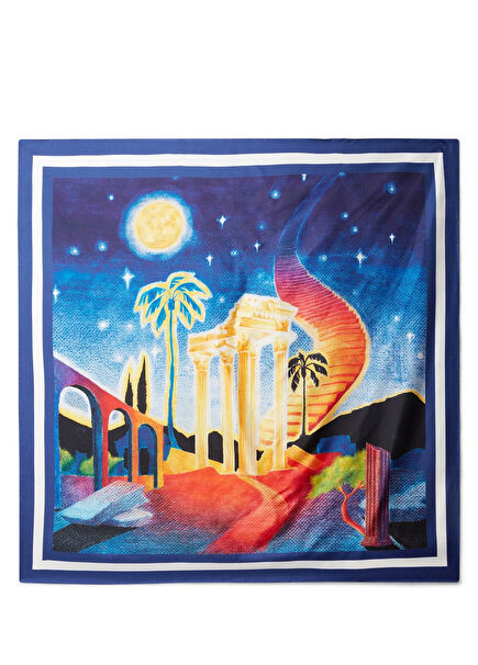 Midnight Acropolis Large Mavi 85x85 cm İpek Eşarp