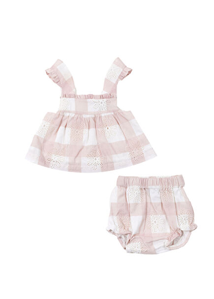 Pembe Kareli Askılı Bluz ve Bloomer Şort Kız Bebek 2'li Set