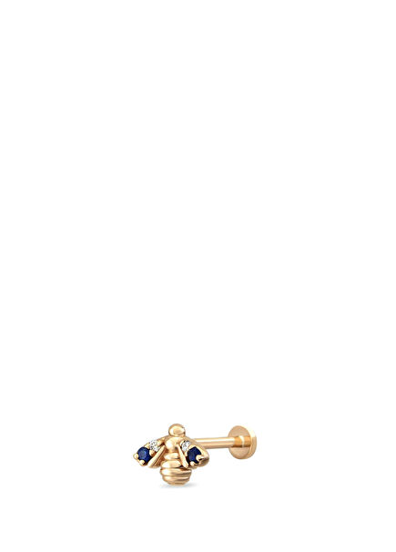Bee Blue Safir ve Pırlanta Taşlı 14 Ayar Rose Altın Kadın Piercing Kıkırdak Küpe