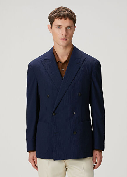 Lacivert Gofreli Kruvaze Yün Ceket