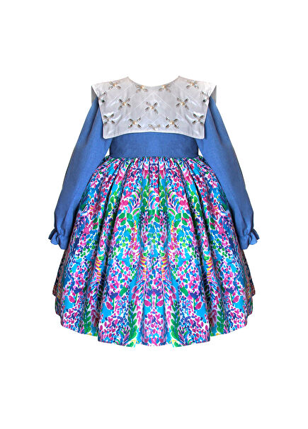 Fluffy Girls Dress with Collared Blue Long Sleeves