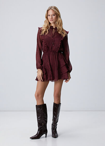 Bordo Desenli Mini Elbise