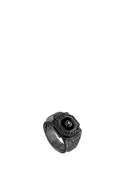 Guard of Men Black Enamel Silver Men's Ring with Black Diamonds