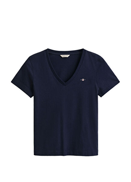 Lacivert V Yaka Regular Fit Kısa Kollu Kadın T-Shirt