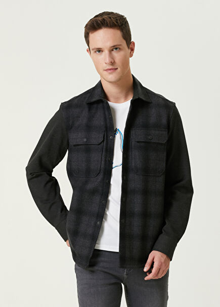 Black Plaid Pattern Detailed Wool Outer Shirt