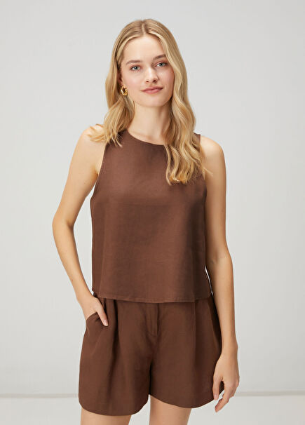 Açık Kahverengi Kolsuz Keten Bluz