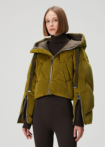 Iconic Milano Crop Haki Kapüşonlu Kadife Mont