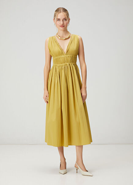 Neon Yellow Pleat Detail Midi Dress