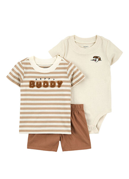 Kahverengi Kısa Kollu T-shirt Zıbın Şort Erkek Bebek 3'lü Set
