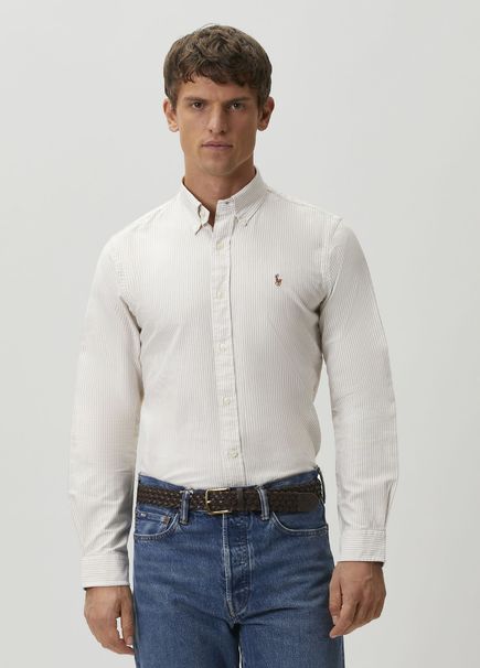 Custom Fit Khaki Beige Stripe Pattern Oxford Shirt