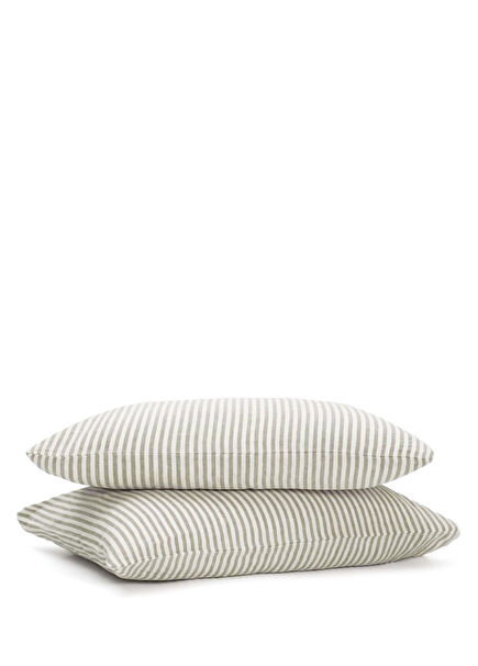 Striped Serenity Khaki Linen 2-Piece Pillowcase Set