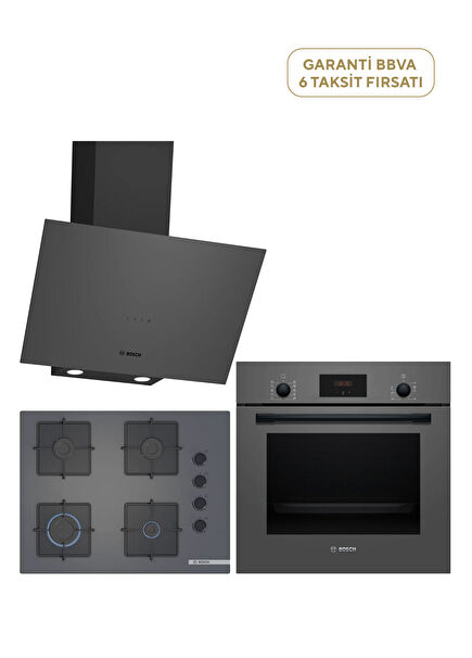 HBF512BH1T Oven + POP7C9P30O Cooker + DWK64PJ70T Extractor Hood Grey Built-in Set
