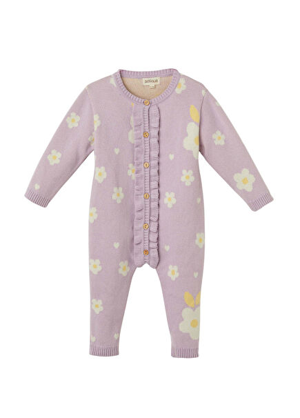 Çiçekli Lila Organik Pamuk Uzun Kollu Kız Bebek Tulum