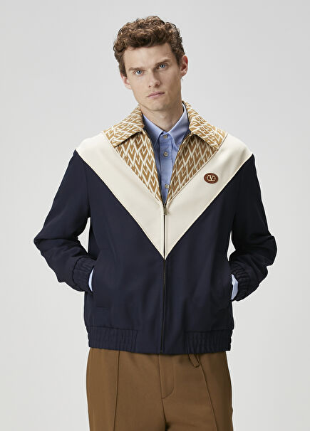 Navy Blue Geometric Patterned Wool Jacket