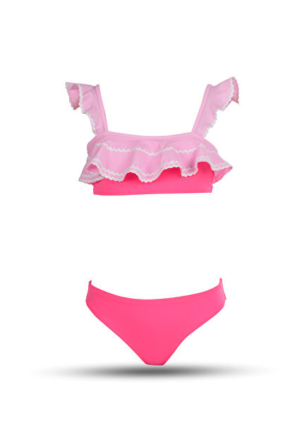Bandeau Pink Ruffle And Water Stone Detailed Strap Girls' Bikini Set